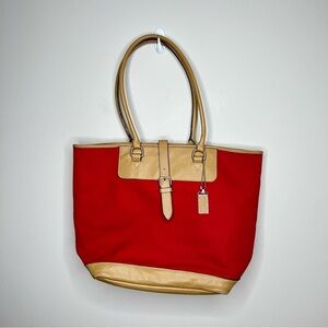 Covington Leather and Canvas Red Tote with Buckle